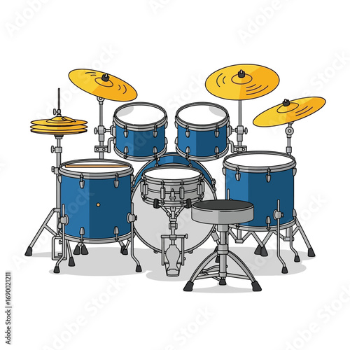 Complete Drum Set with Blue Drums and Golden Cymbals Illustration
