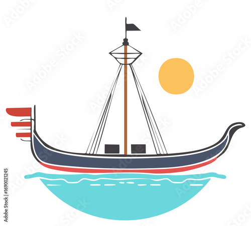 Stylized illustration of a traditional longship sailing on the sea under a yellow sun
