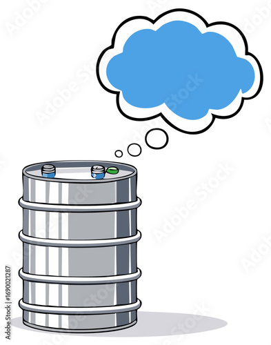 Cartoon style metal keg with blank thought bubble above for creative concepts