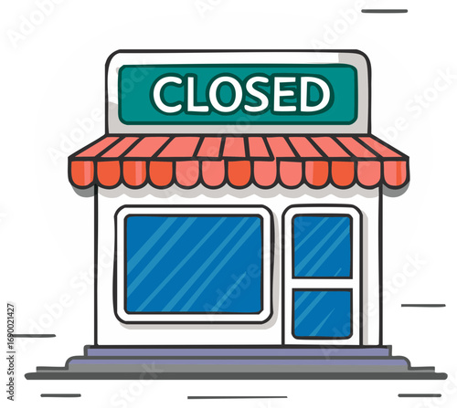 Cartoon shop building with red awning displaying a clear closed sign illustration