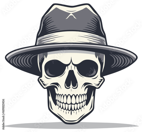 Illustration of skull with fedora hat, isolated design element for art projects