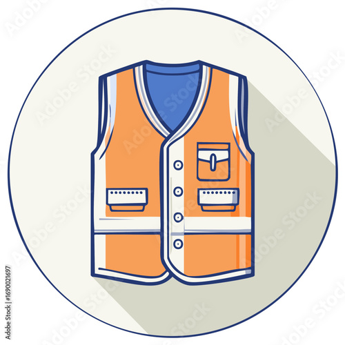 Orange reflective vest cartoon with pockets and buttons in a circle with a shadow