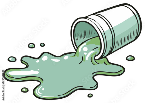 Green liquid spilling from an overturned container creating a splash and droplets
