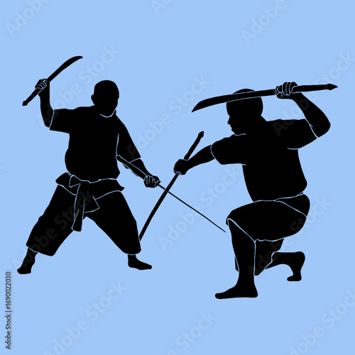 Black silhouette of a swordsman, vector illustration, blue background