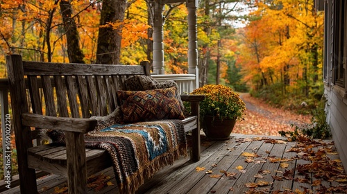 Welcoming bench on porch overlooking forest in peak fall color, cozy blanket draped over side. Empty space invites viewer to imagine sitting, atmospheric.