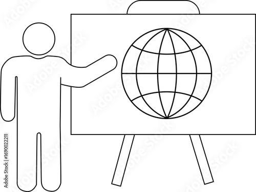 globe icon and presentation person icon on a board with a white background