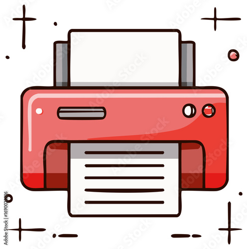 Red cartoon style printer machine printing paper document vector illustration