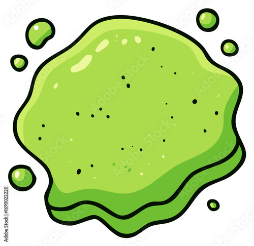 Cartoon illustration of oozing green slime with droplets for kids' activities or fun, creative, playful projects