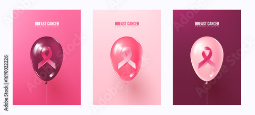 Pink balloon with breast cancer ribbon design for awareness month campaign poster flyer or banner template in three color backgrounds