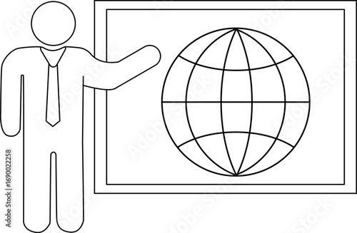 globe icon and presentation person icon on monitor with white background