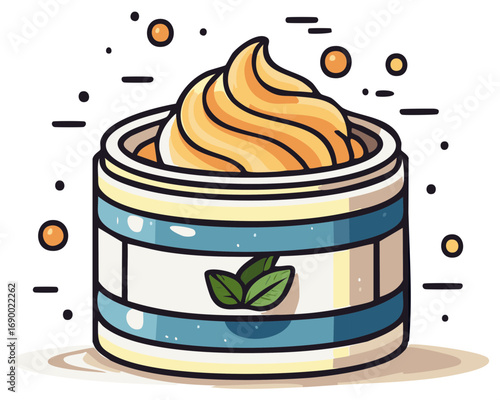 Stylized jar of cream with swirl and green leaves illustration