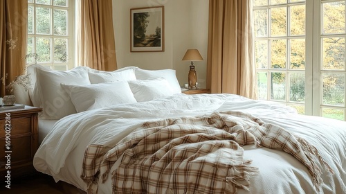 Cozy bedroom with a large white bed, fluffy pillows, a plaid blanket, wooden nightstands, a table lamp, and large windows with beige curtains letting in natural light