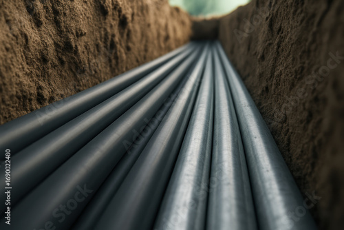 Underground utility conduit pipes neatly aligned in a trench during modern infrastructure installation and construction project