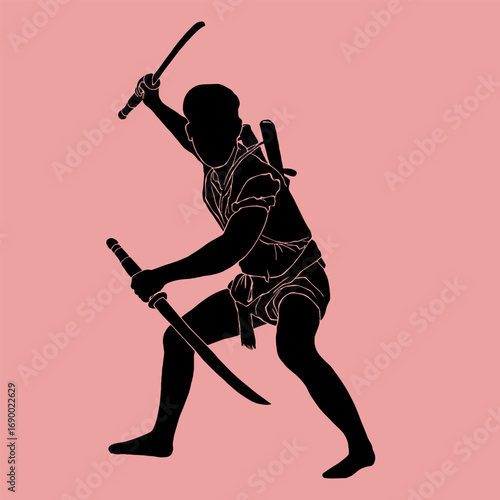 Black silhouette of a swordsman, vector illustration, blue background