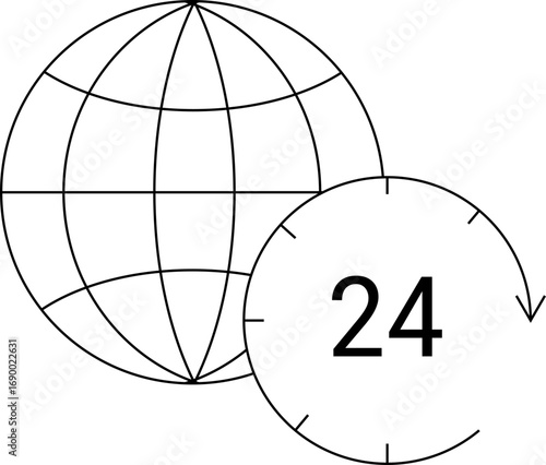globe icon and 24 hour icon with white background