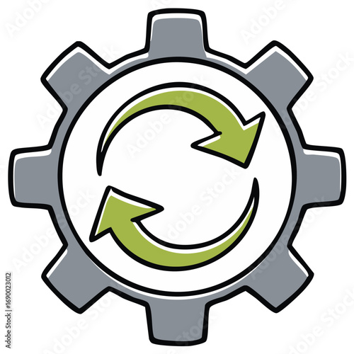 Gray gear and green arrows icon representing system update, workflow automation, and synchronization