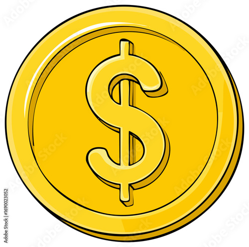 Illustrated shiny gold coin with dollar sign representing currency, investment, and success