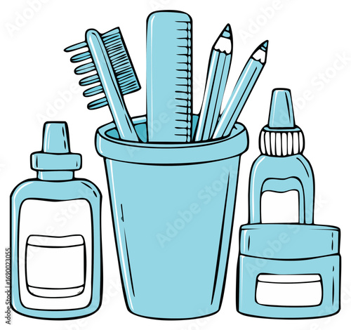 A collection of art and craft supplies including pencils glue bottles and a ruler in a holder