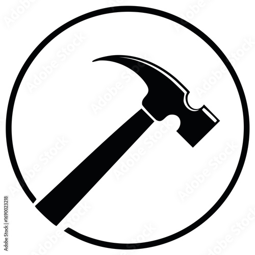 Simple black and white vector illustration of a claw hammer inside a circle