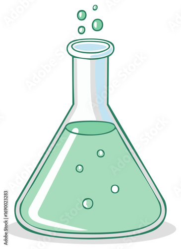 Cartoon Erlenmeyer flask with green liquid and bubbles in a science laboratory