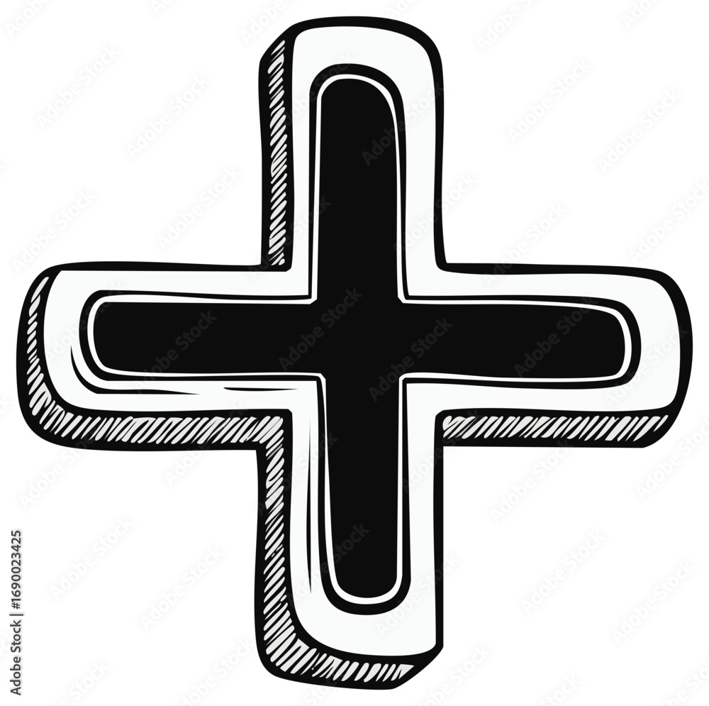Fototapeta premium Hand-drawn cross symbol with thick black outline and white fill and shading