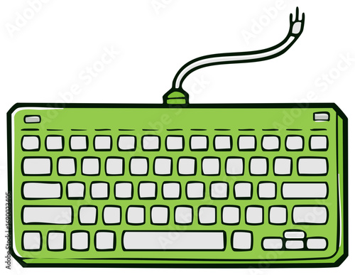 Green stylized computer keyboard with cord and keys illustration for digital creative design asset