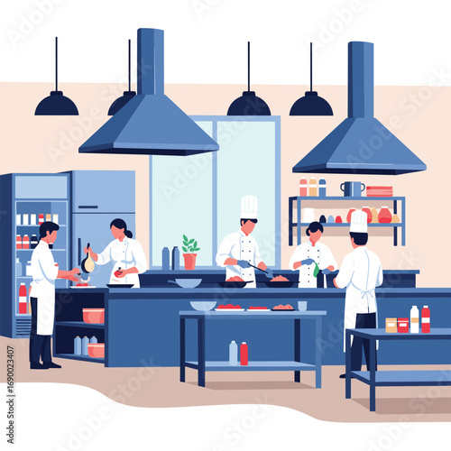 Culinary team collaborates preparing gourmet dishes in a bustling, modern professional kitchen environment
