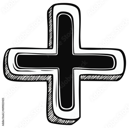 Hand-drawn cross symbol with thick black outline and white fill and shading