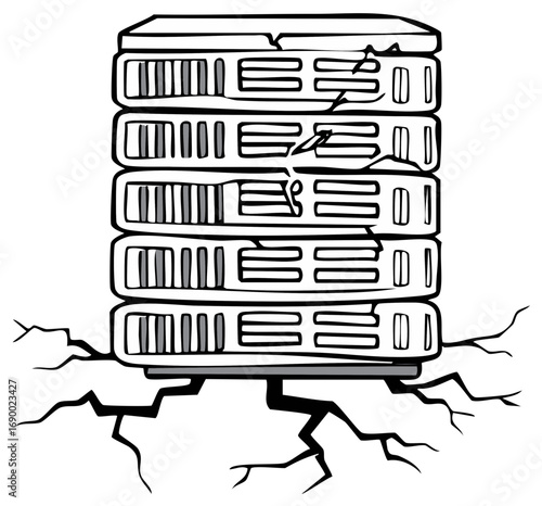 Damaged Stack of Electronic Servers Breaking Through Ground Cracks