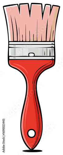 Simple cartoon illustration of a paintbrush with a red handle and pink bristles for art or renovation
