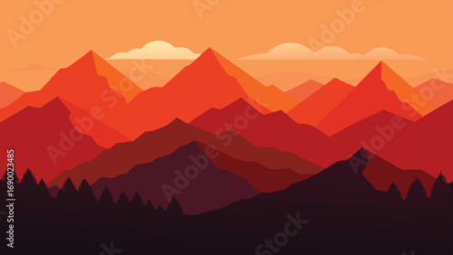 Abstract Mountain Range Landscape with Evergreen Trees and Orange Sunset Illustration