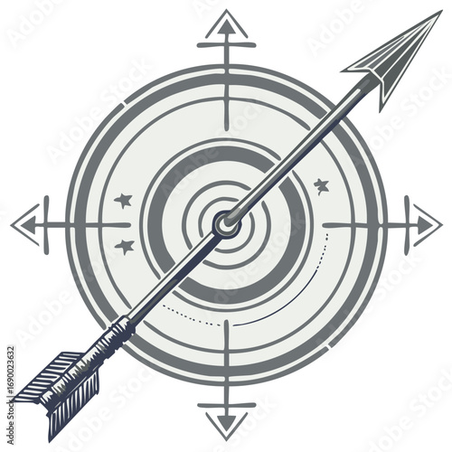 Monochromatic arrow hitting bullseye on stylized target with compass points
