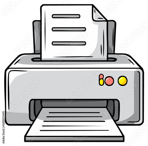 Hand drawn comic style illustration of a gray office printer printing paper documents.