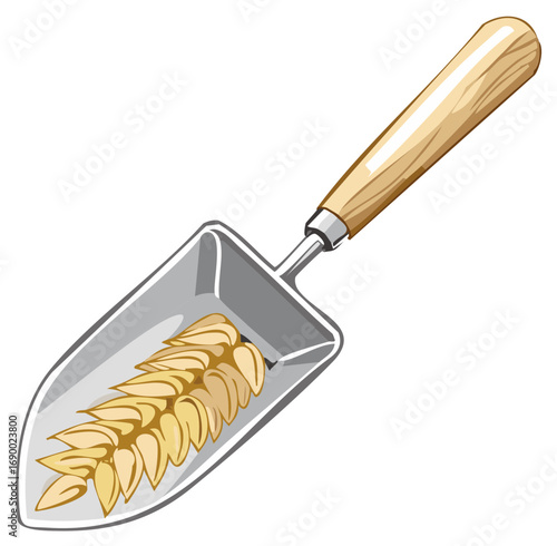 Gardening trowel holding golden plant seeds, a symbol of cultivation and agricultural growth.