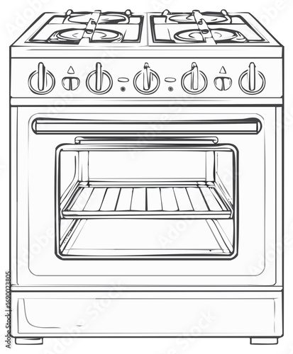 Black and white illustration of a kitchen stove oven.  Range with four burners and an oven with racks, equipment.