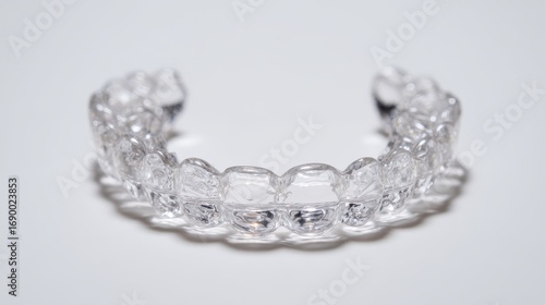 Clear transparent Invisalign smiling mouth guard on white background, dental protection and orthodontic aligner concept, modern invisible braces for teeth