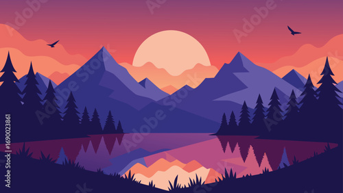 Abstract Sunset Landscape Illustration Featuring Mountains, Forest, Birds, and Lake Reflections