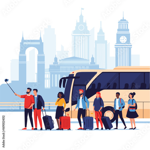 Diverse travelers ready for adventure, boarding a tour bus with iconic city skyline backdrop