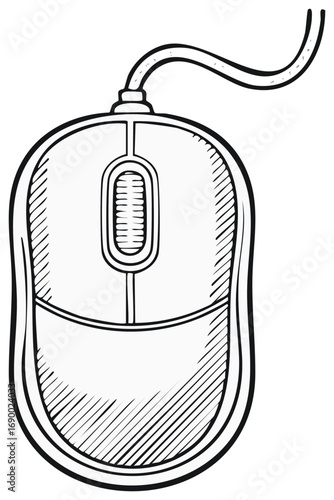 Hand drawn computer mouse with cable sketched line art drawing