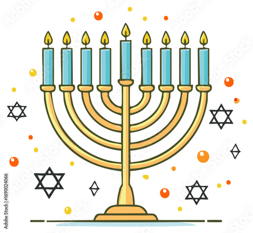 Bright Hanukkah Menorah with Lit Candles and Stars of David Festive Jewish Holiday