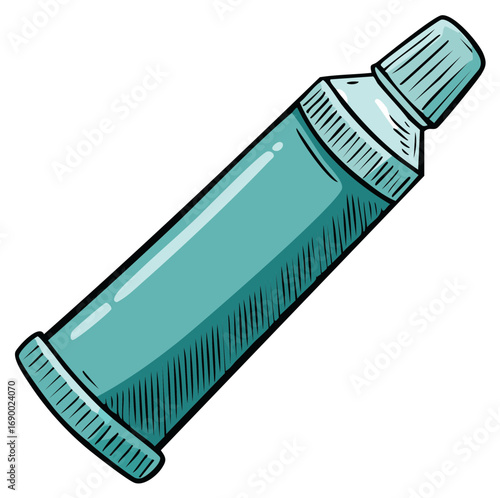 Cartoon illustration of a closed tube of toothpaste or cream with cap on white. Hand drawn.