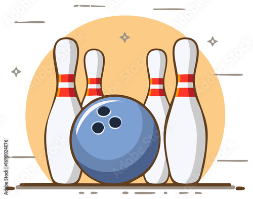 Illustration of classic bowling equipment with five white pins and a blue ball ready for a game