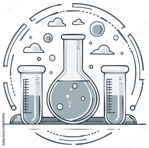 Stylized illustration of a scientific experiment with bubbling chemical flasks and test tubes