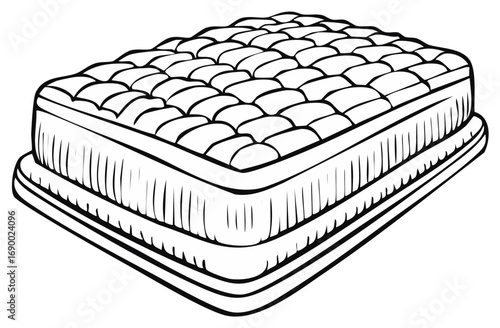 Contour drawing of a mattress with a fluffy topper on a bed frame, monochrome graphic style, comfort concept, bedding.