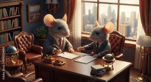 Two anthropomorphic mice in business suits signing a document at a grand office desk with a city skyline view.