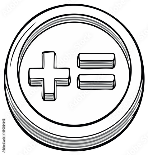 Vector illustration of a plus sign and equals sign in a circle, math symbol outline for graphic design and creativity.