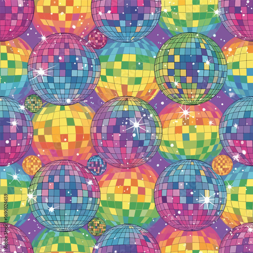 Colorful disco balls seamless pattern illustration for retro party celebration, patern seamless, royalty stock.