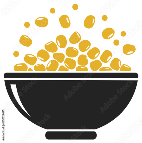 Simple flat icon of a black bowl overflowing with golden corn kernels or cereal grains