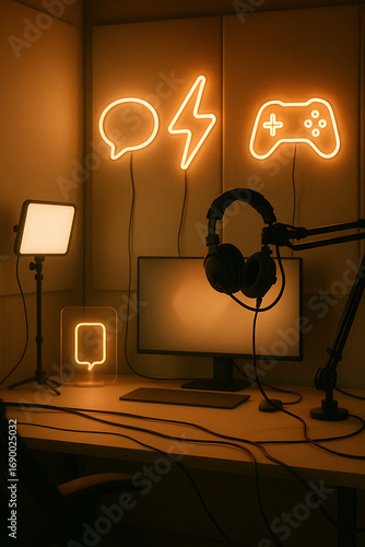 Neon gaming setup: An ambient, moody setup is captured, featuring glowing neon lights, perfectly set up for streaming and gaming, enhancing immersion and style.