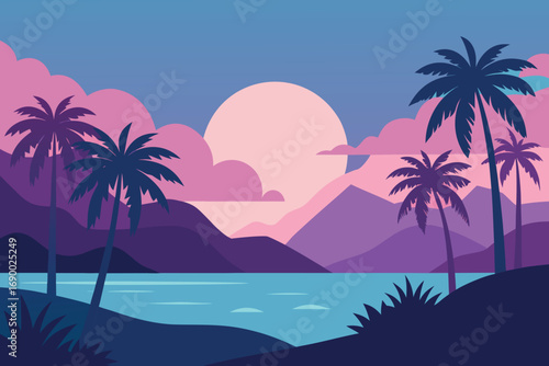 Art of Tranquil Tropical Landscape with Palm Trees, Hills, and Water View